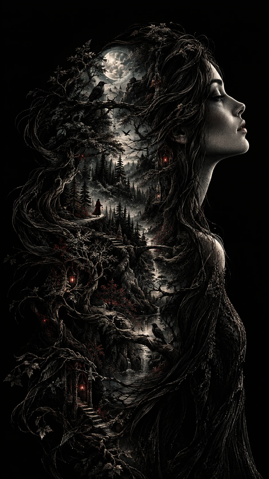 Woman in profile with hair transforming into dark forest