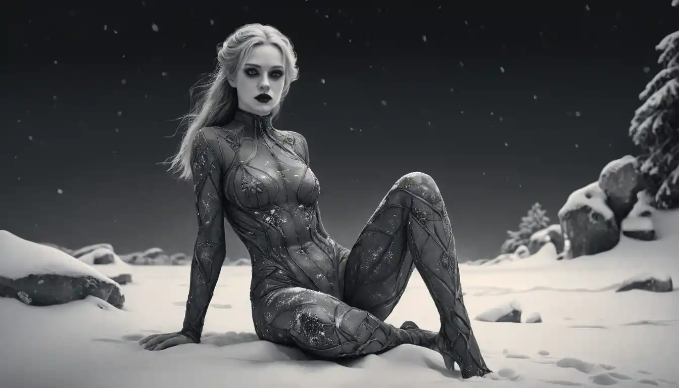 Gothic-Frau sitzt nackt in winterlicher Nachtlandschaft