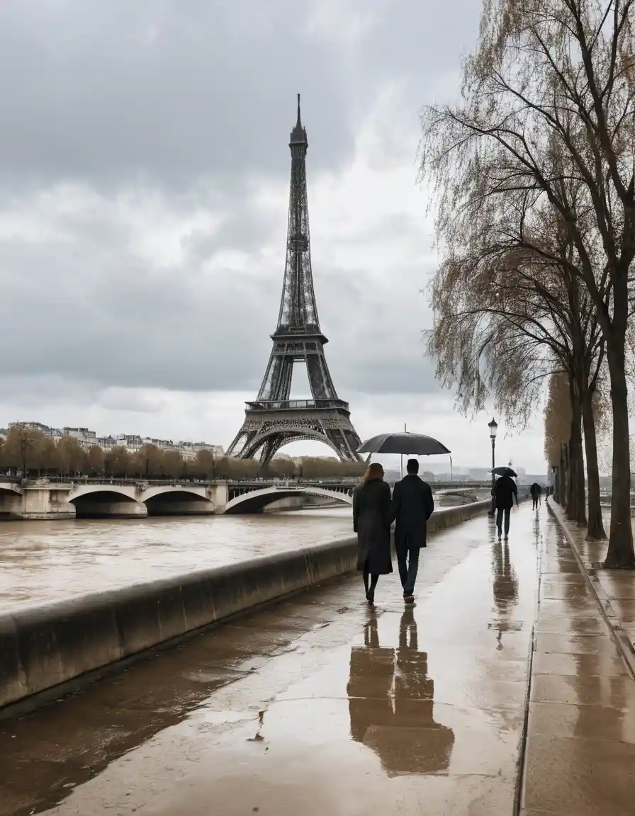Couple Walking By The Seine On A Rainy Paris Day