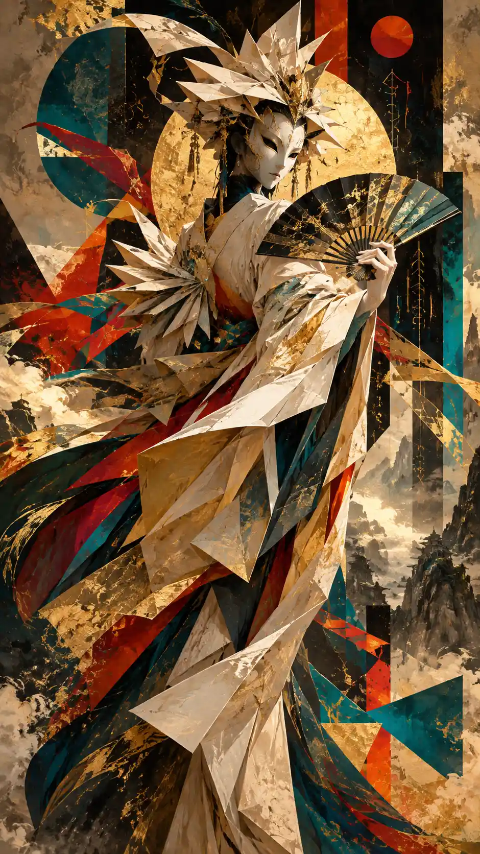 Majestuosa figura de origami con máscara y abanico sobre fondo abstracto