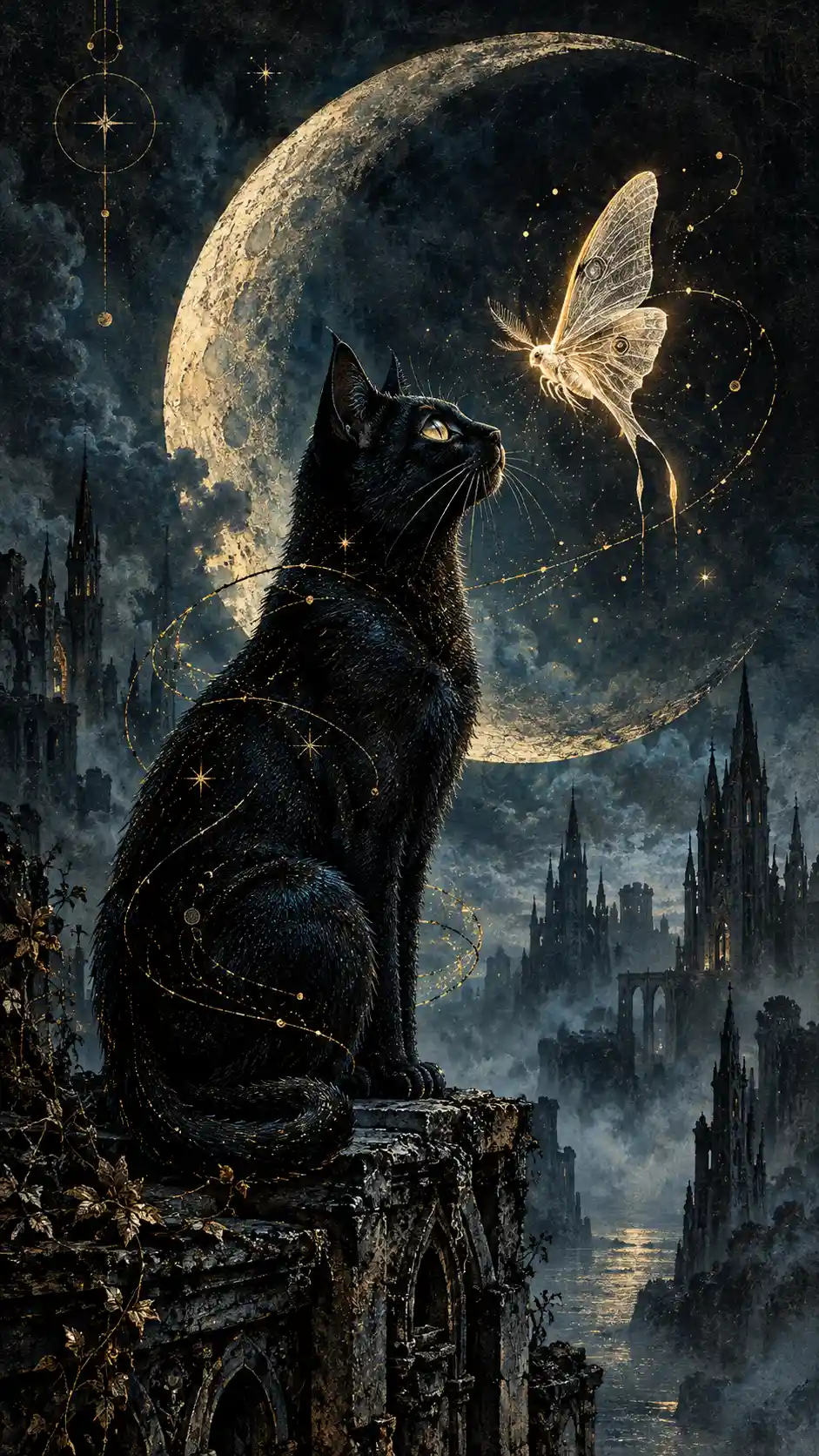 Chat noir sous un croissant de lune sur un toit en ruine