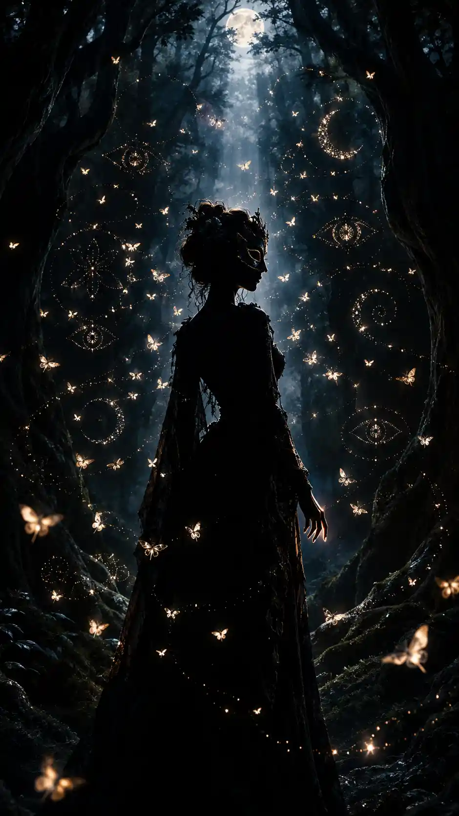 Masked woman silhouetted in moonlit forest with glowing moths