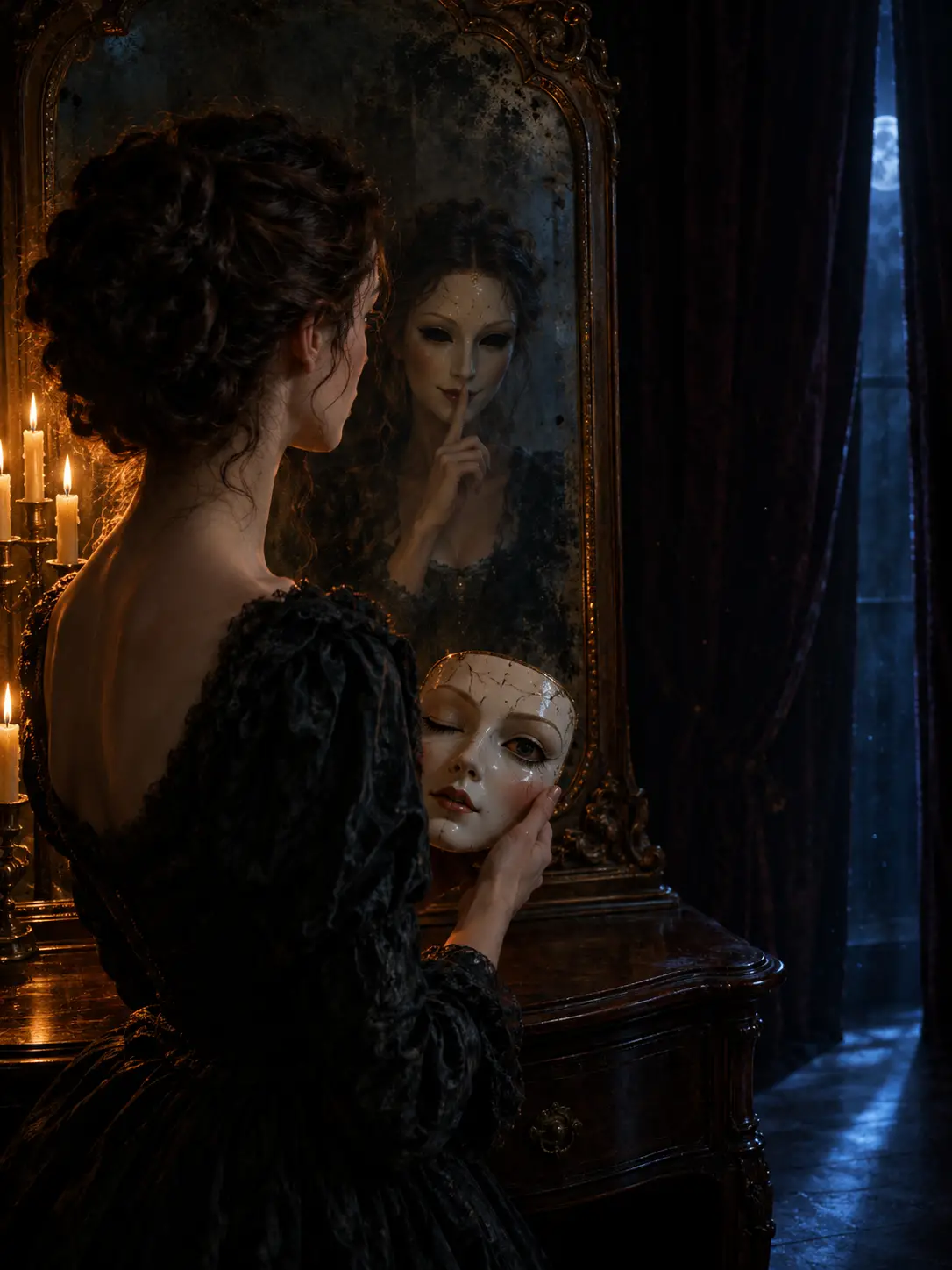 Victorian woman before a mirror holding her porcelain mask