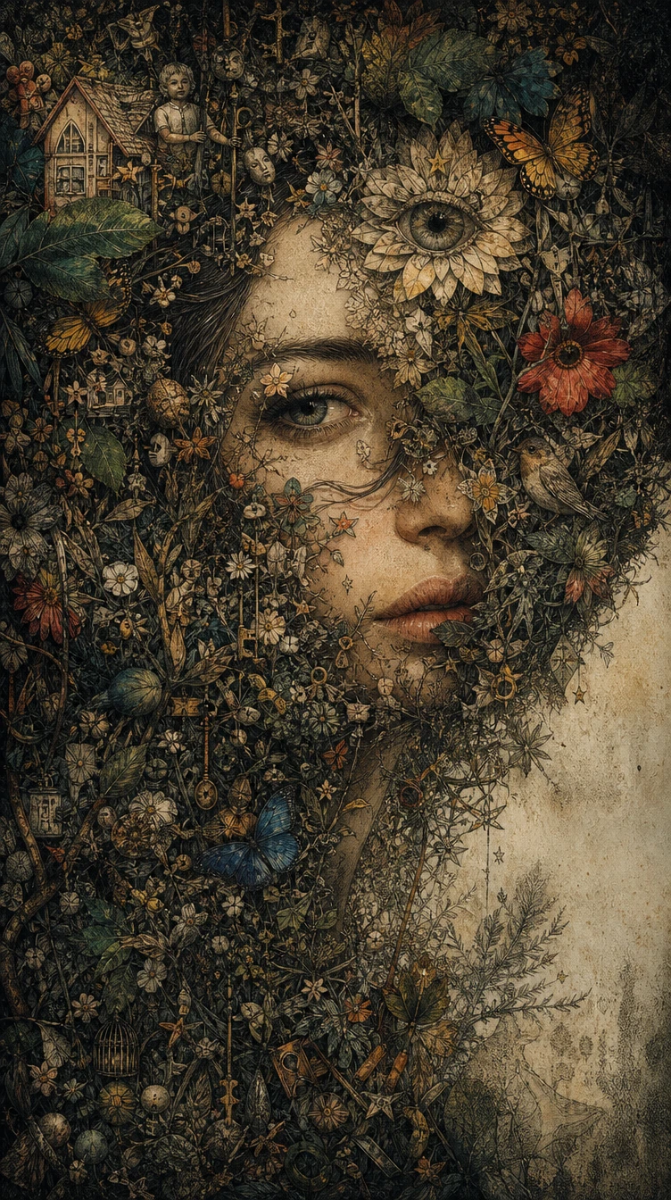 Woman emerging from a symbolic garden of hidden memories