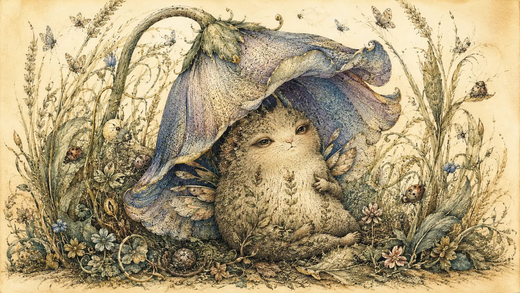 Fantasy creature sheltering under a bell shaped flower