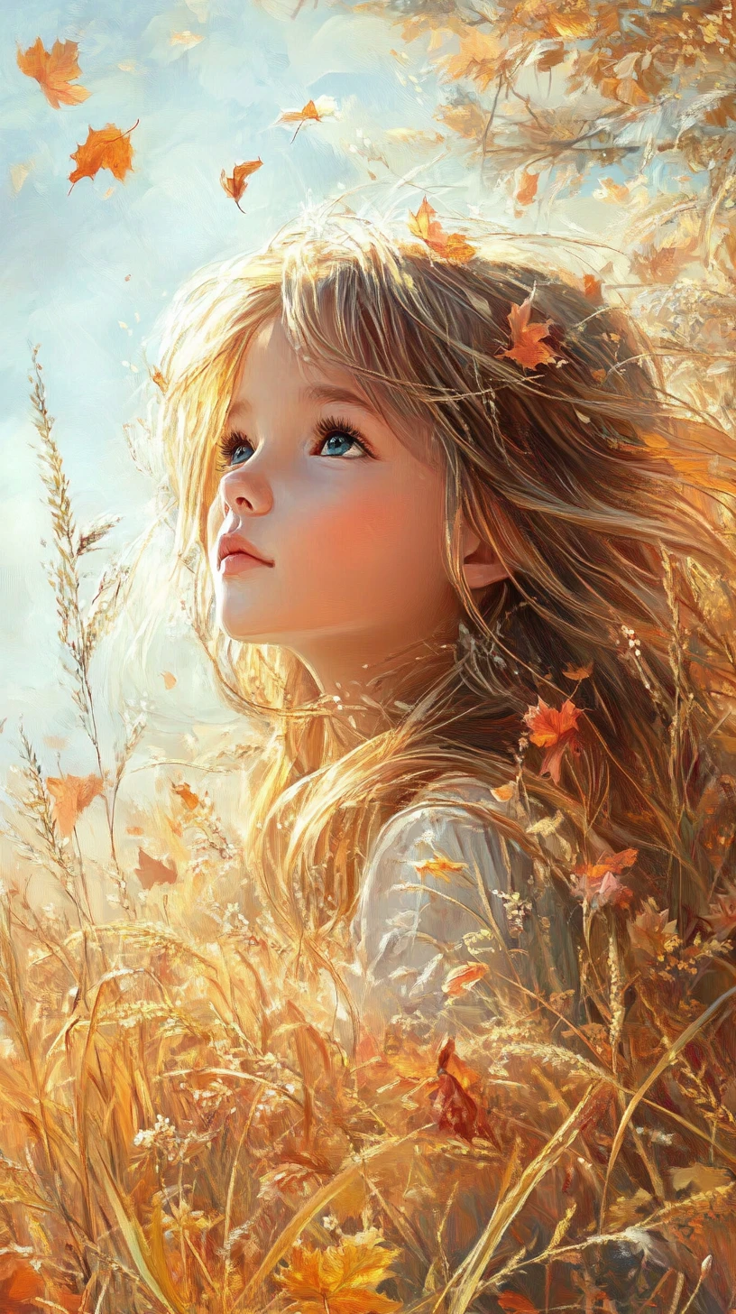 Young girl in a dreamy pastel autumn fantasy landscape