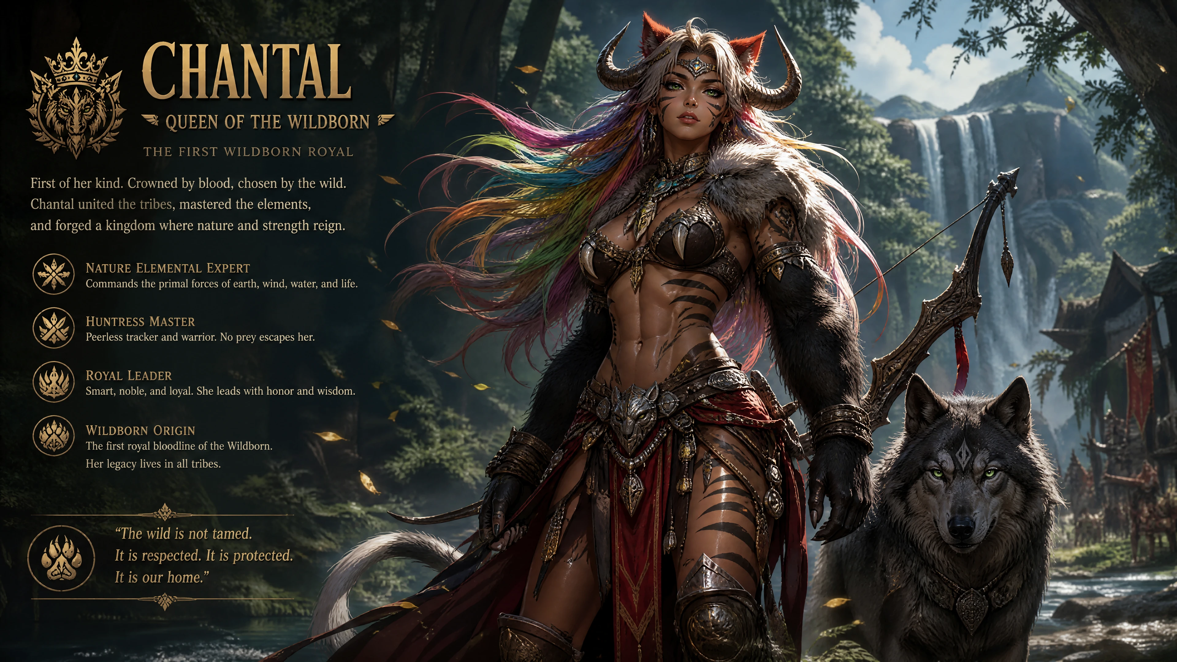 Wildborn queen with animal traits in regal forest attire