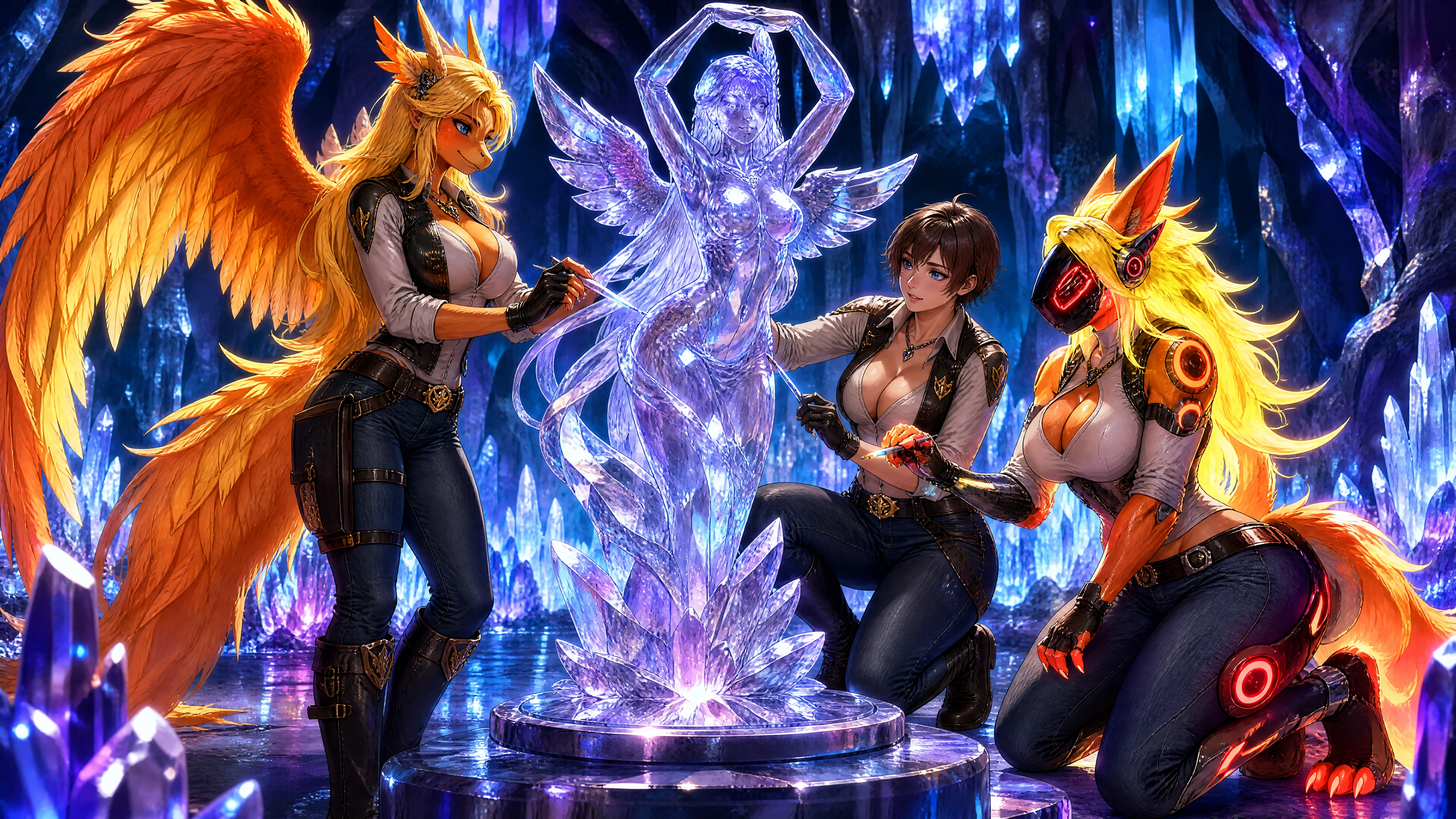 Tres mujeres de fantasía moldeando una estatua de cristal en una cueva
