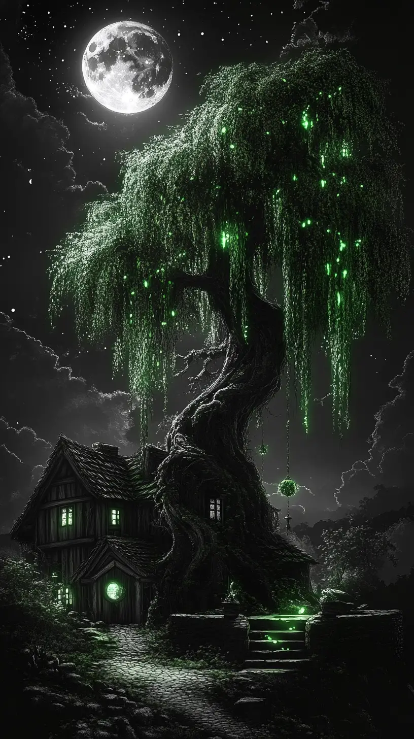 Moonlit log cabin beneath a glowing weeping willow