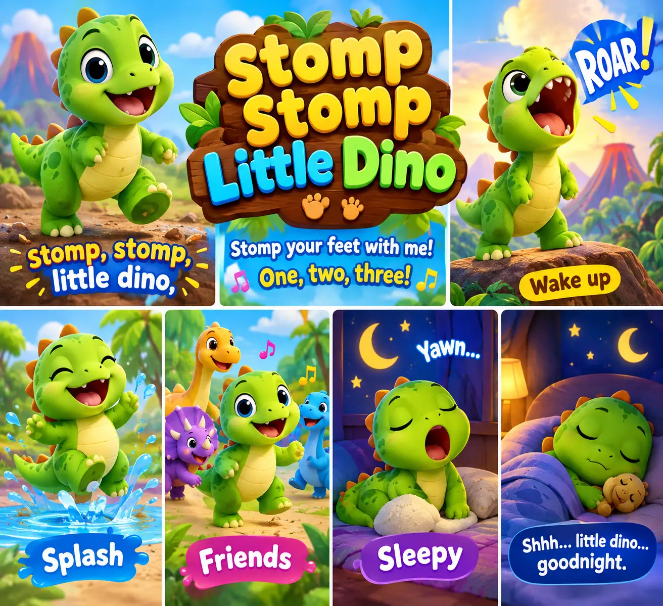 Adorable petit dinosaure de dessin animé stomping avec une énergie joyeuse