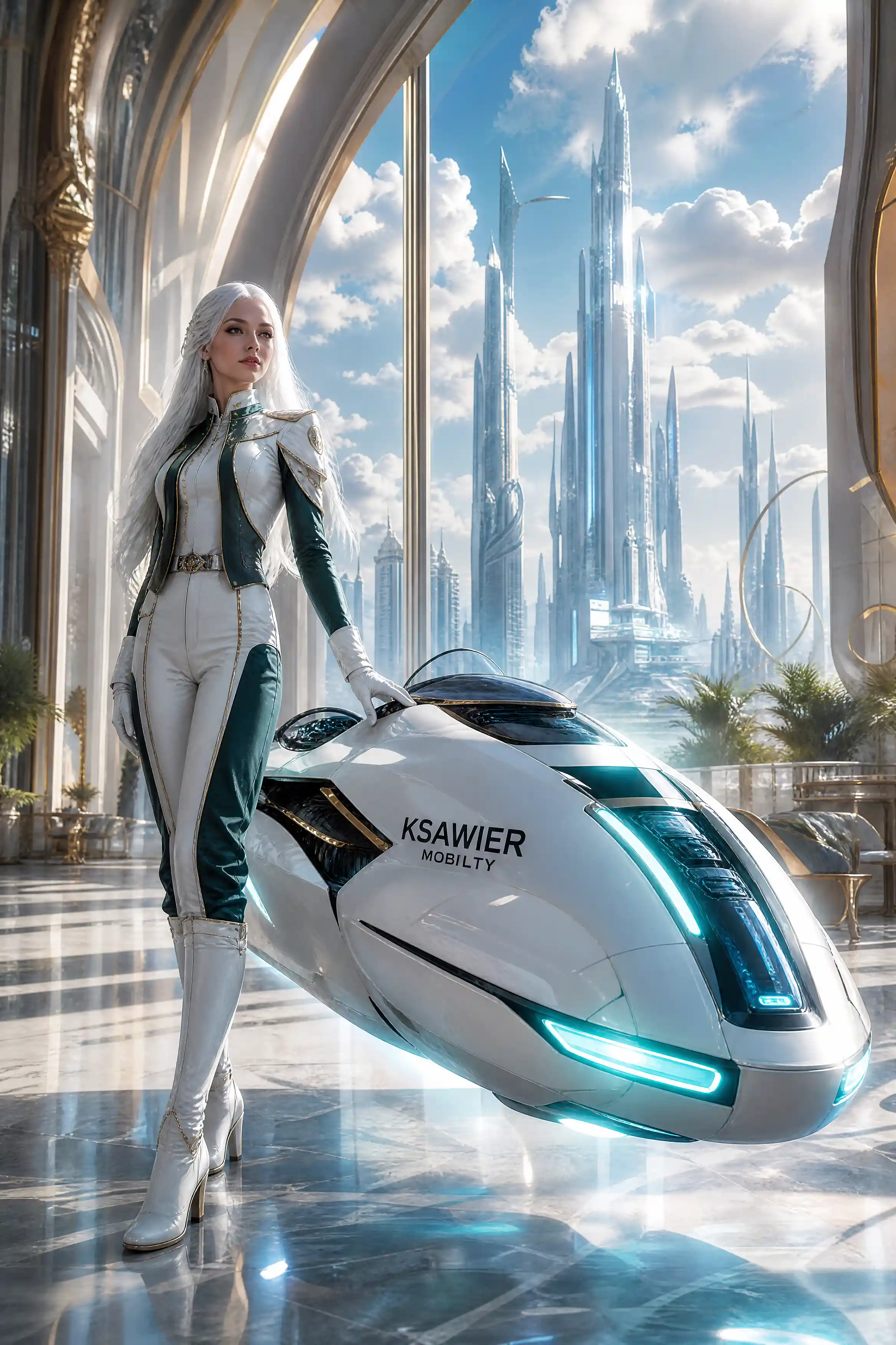 Futuristic woman with air scooter in utopian city hall