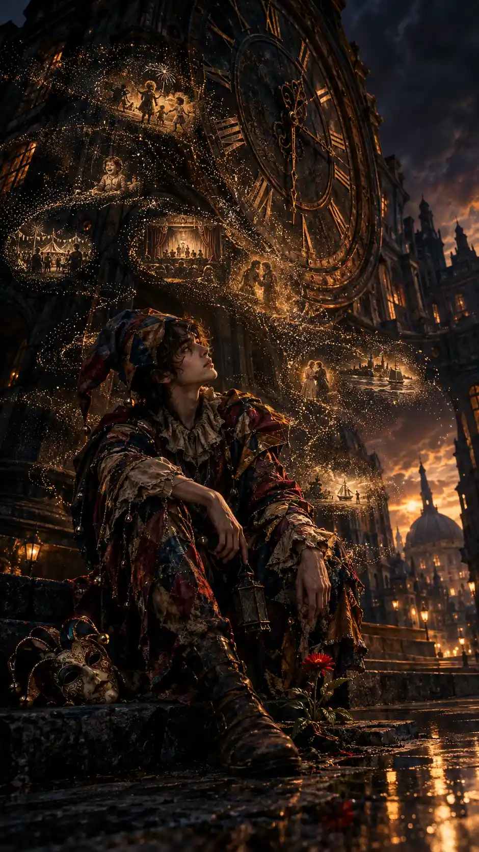 Melancholic jester beneath an ancient clock at twilight