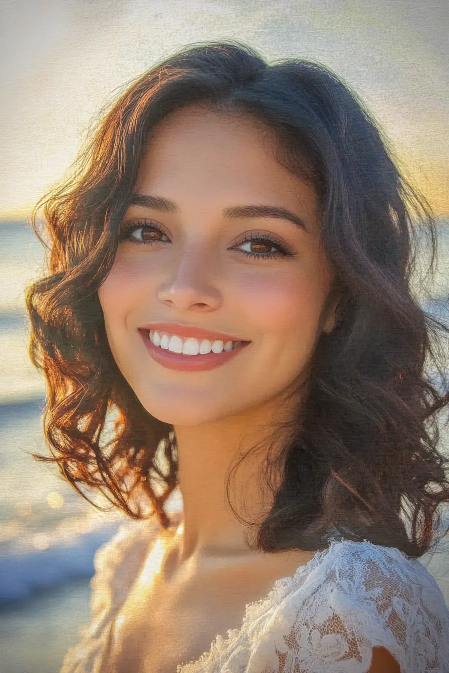 Watercolor portrait of smiling woman at sunset beach