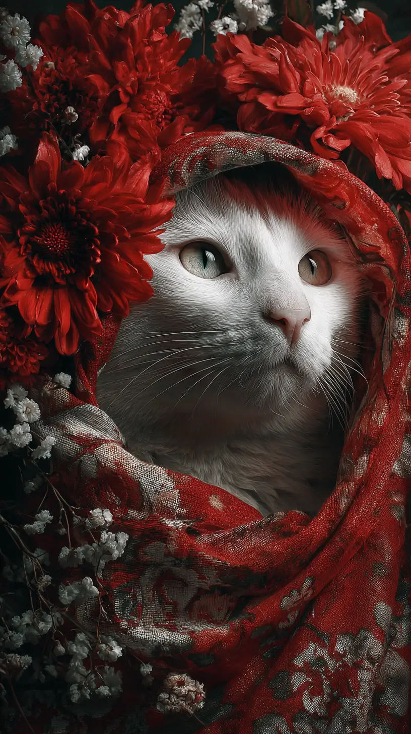 Chat élégant enveloppé de foulards en soie fluides et de fleurs
