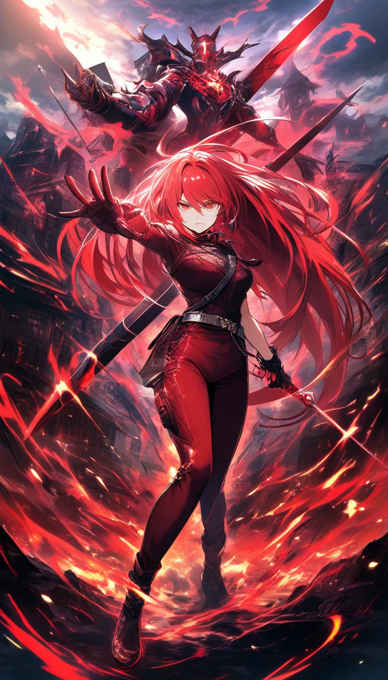 Anime-Mädchen mit leuchtendem Runenschwert in dunkler Welt