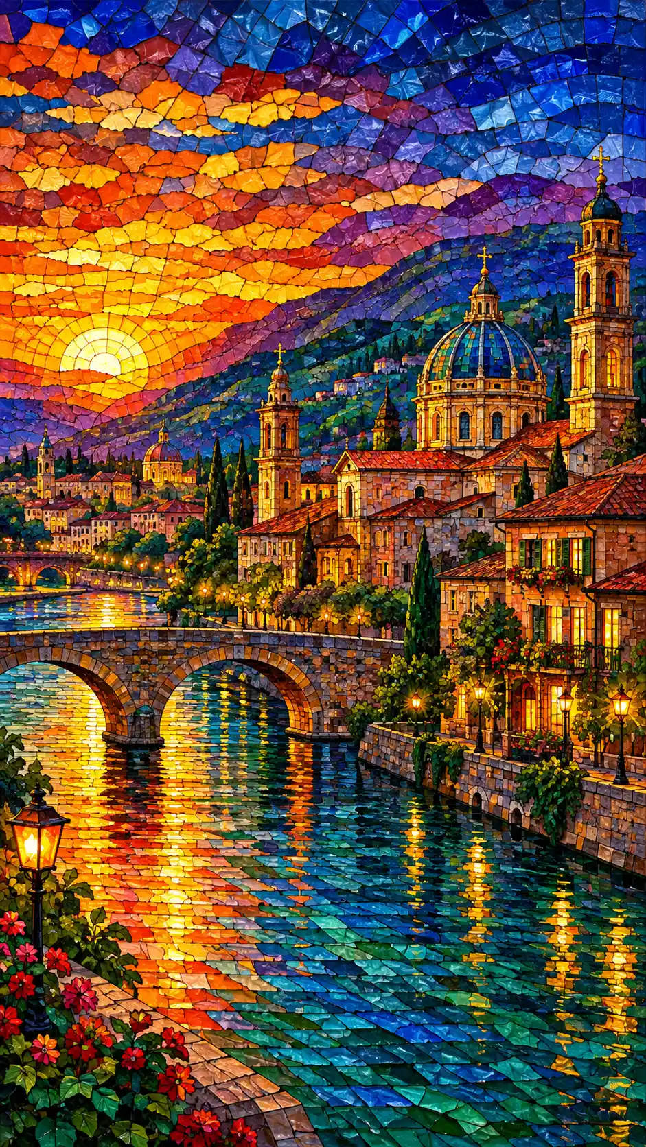 Stained glass European riverside town at glowing sunset