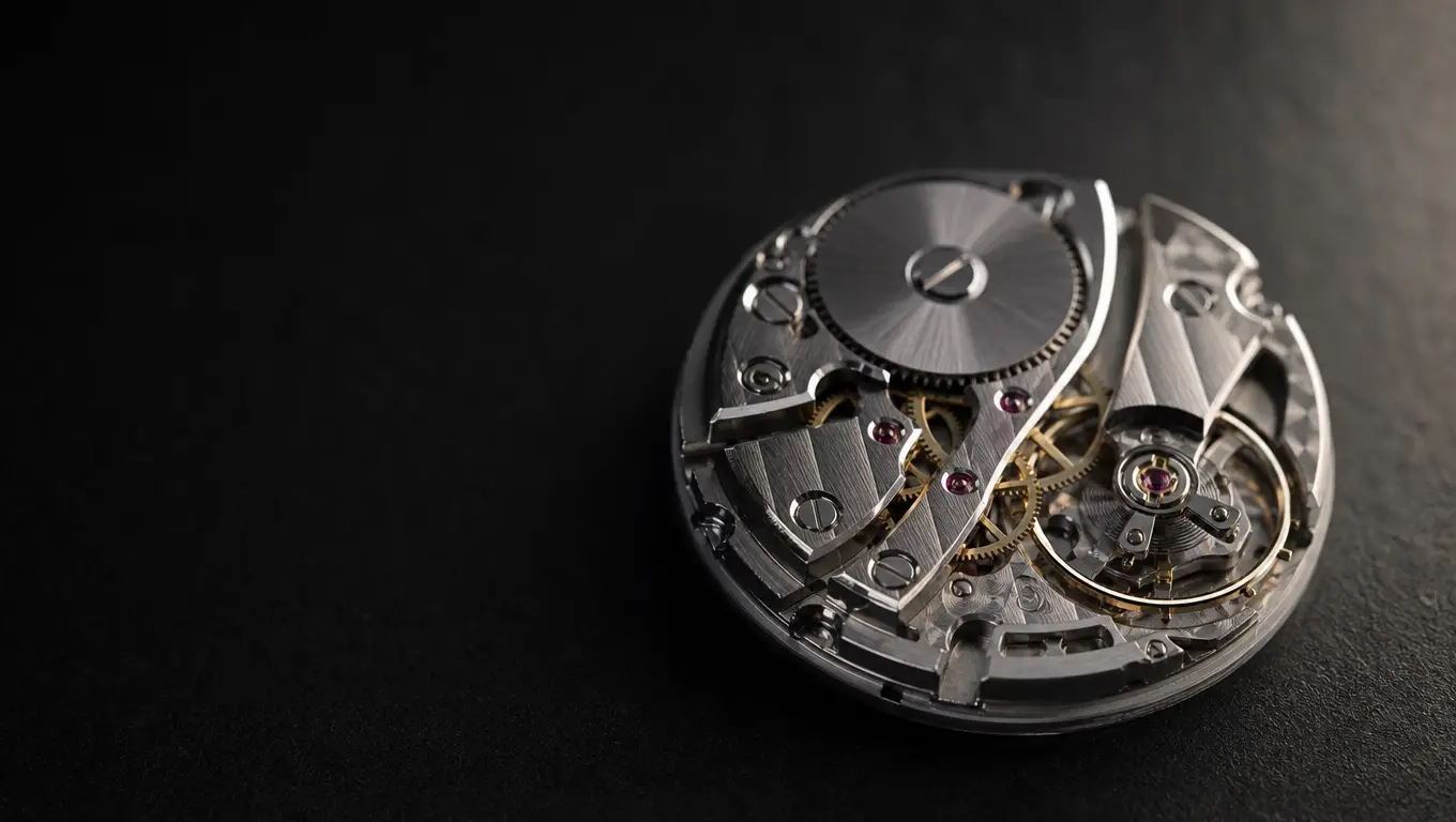 Estudio macro de movimiento de reloj mecánico de lujo sobre fondo oscuro