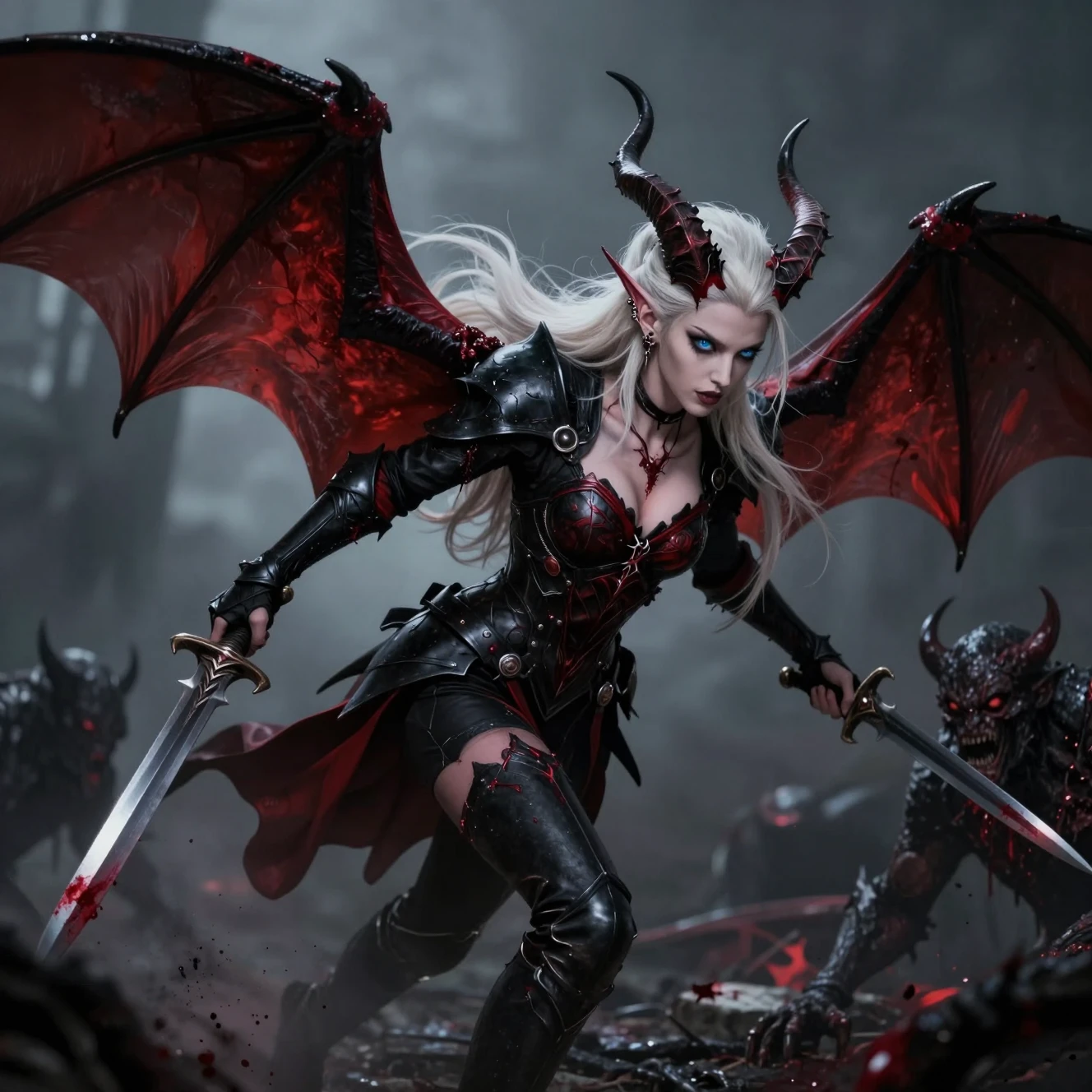 Winged tiefling warrior battling demons in midair