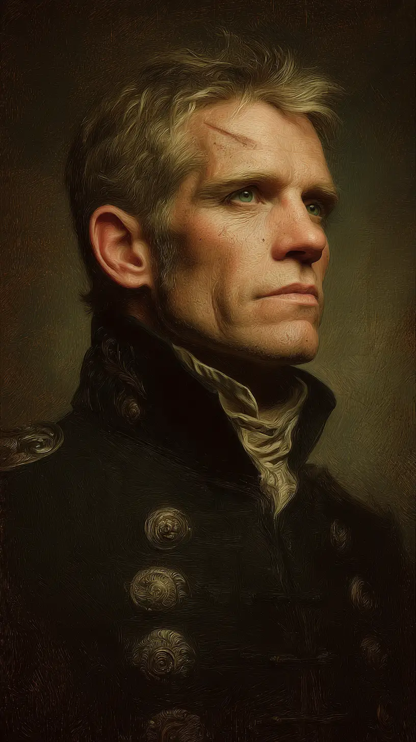 Guerrero de ojos verdes con cicatrices en jubón militar negro – retrato