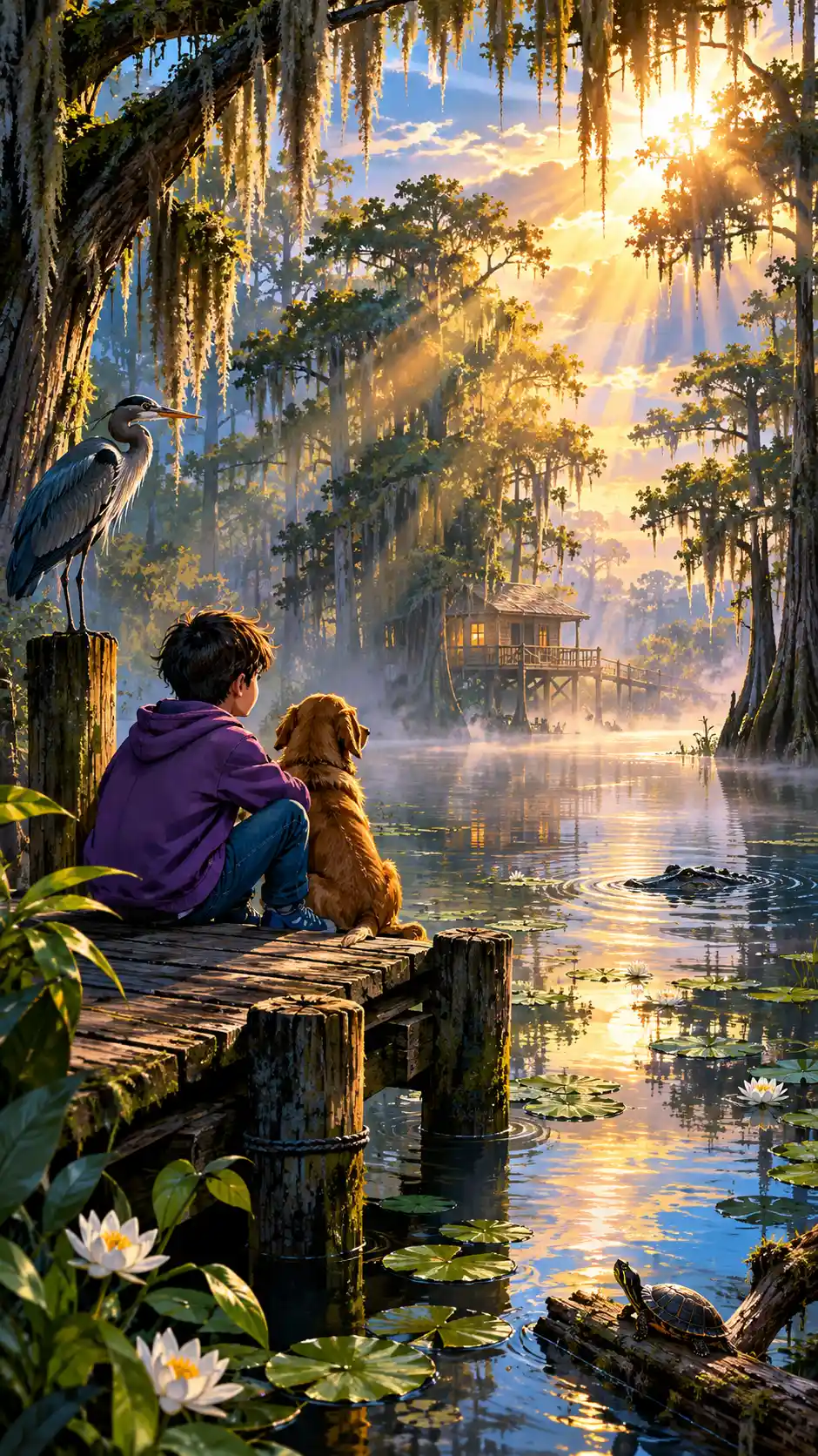 Misty Florida swamp with trees and gentle sun rays