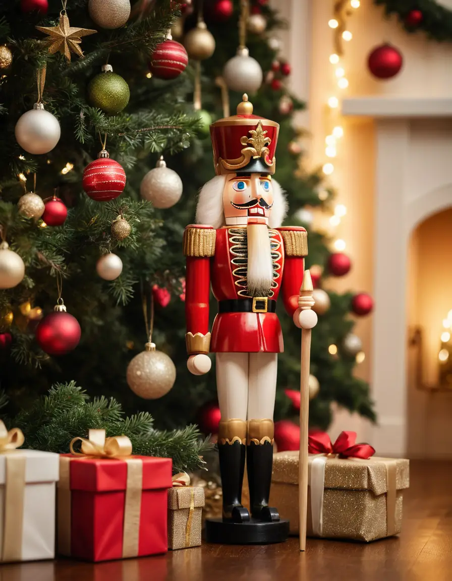 Cascanueces festivo junto a un árbol de Navidad iluminado en interiores