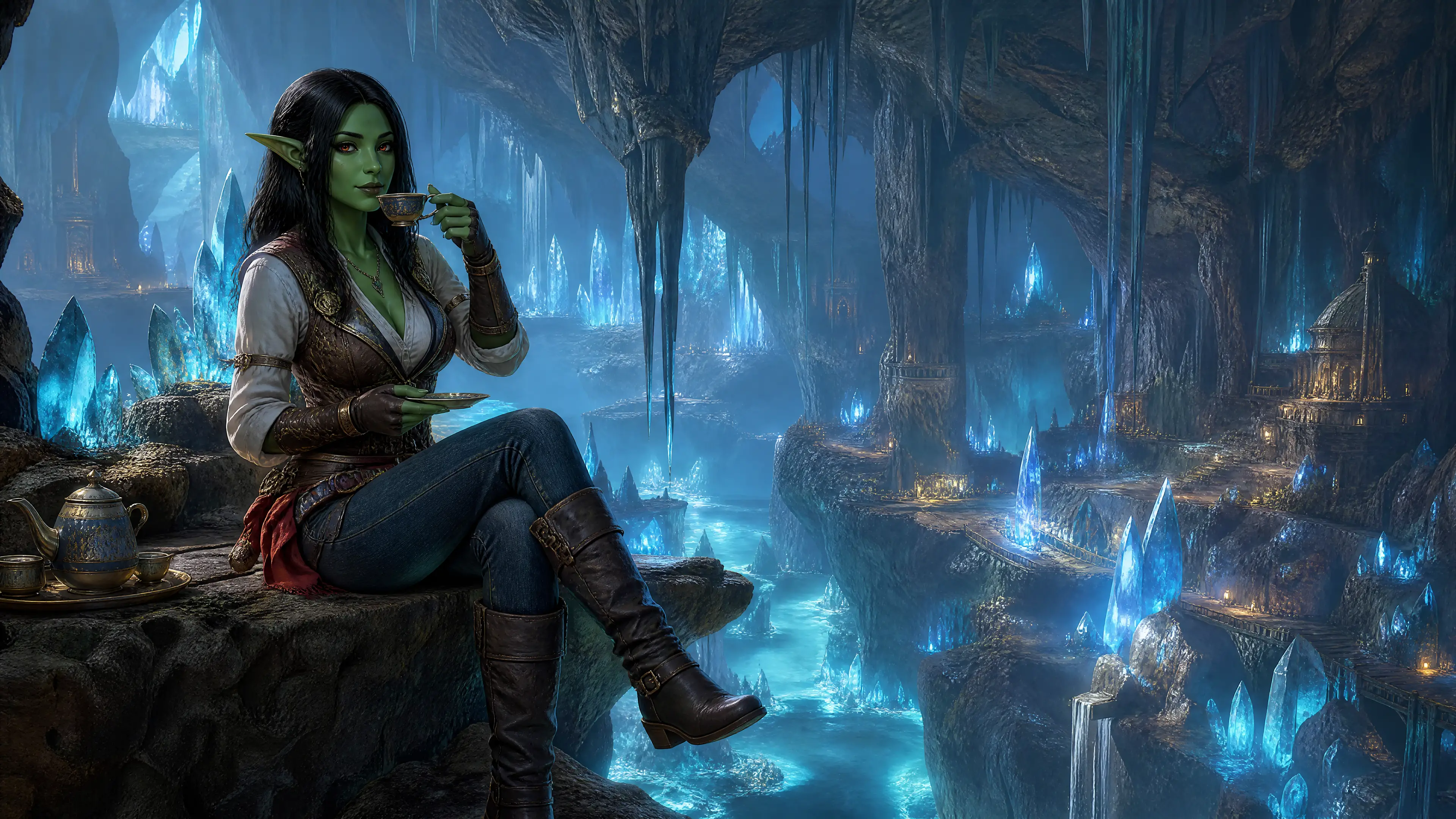 Green troll woman drinking tea in a crystal cavern