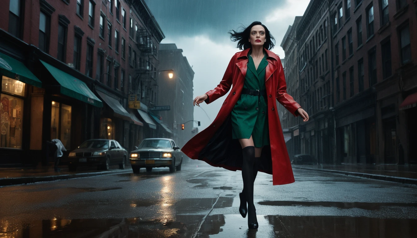 Elegant woman in red coat on surreal rainy city street