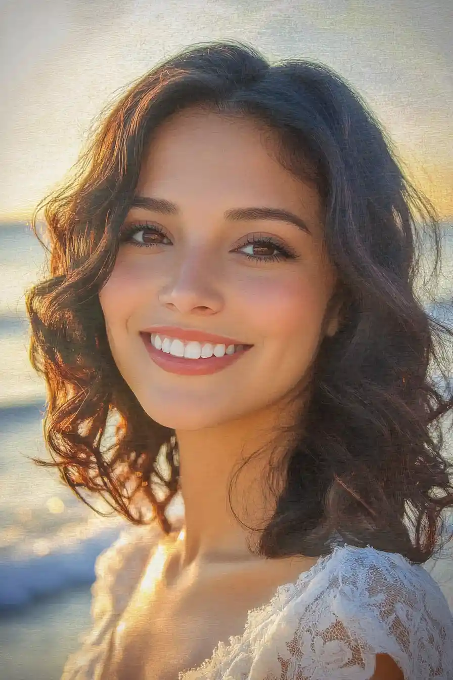 Watercolor portrait of smiling woman at sunset beach