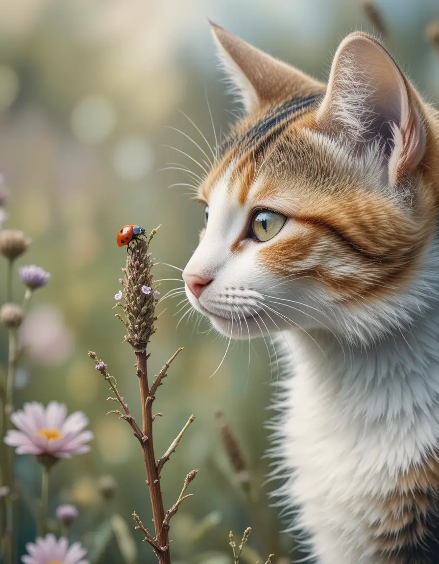 Gros plan aquarelle d’un chat tricolore et d’une coccinelle