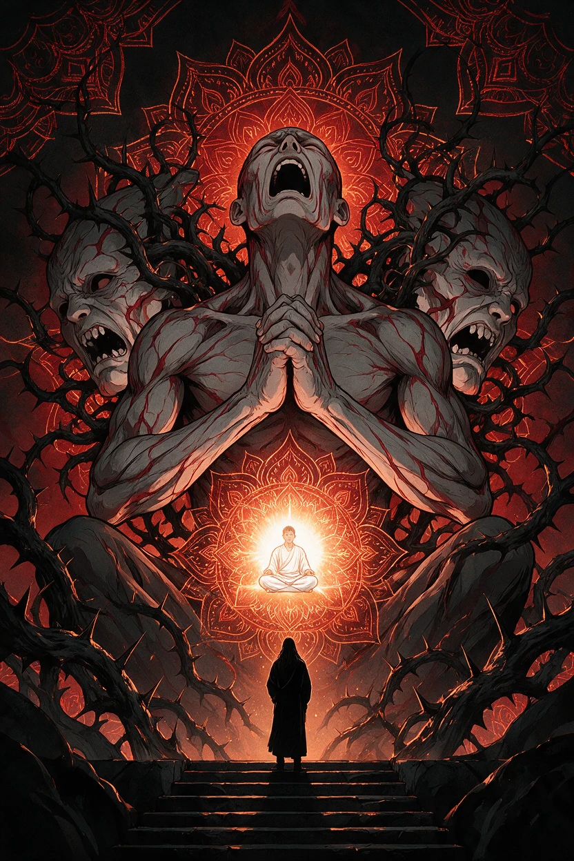 Colossal praying humanoid writhing in silent inner torment