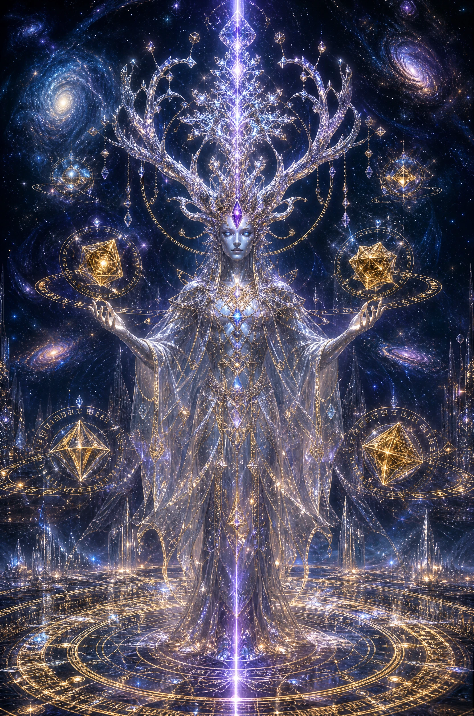 Celestial crystal goddess with third eye in deep space