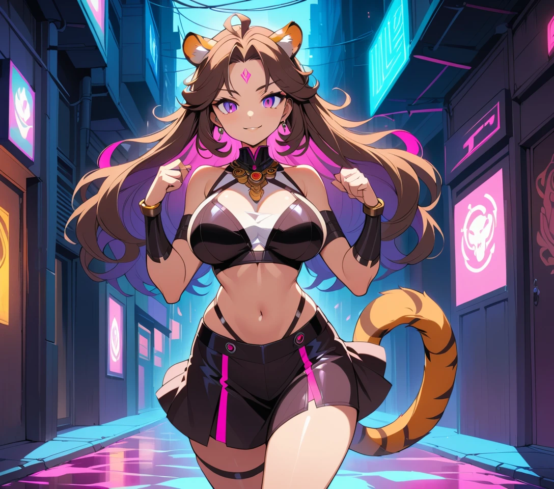 Anime tiger woman in fur and leather tribal outfit