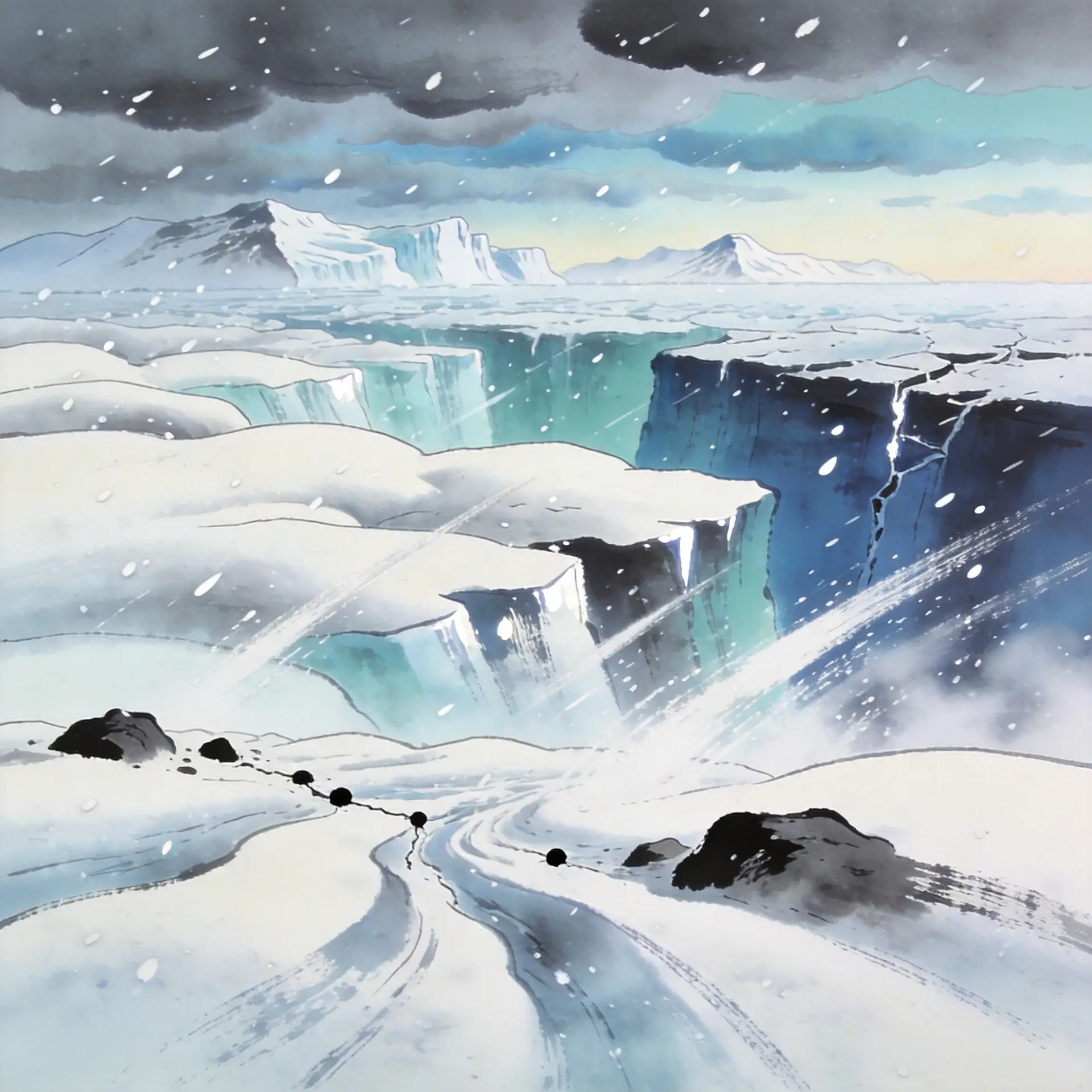 Ancient frozen glacier in a vast blizzard ravaged wasteland