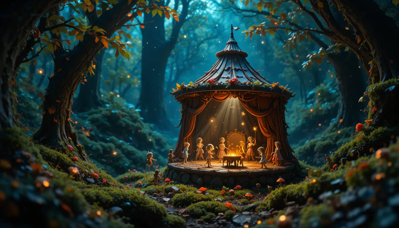 Whimsical Forest Sprites Performing In A Tiny Leaf Circus