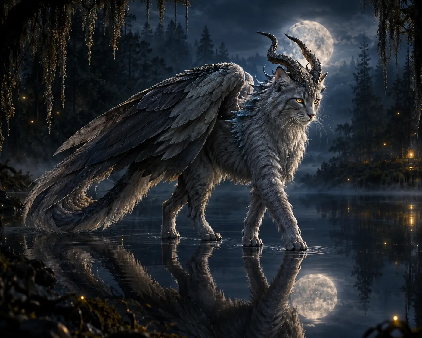 Dragon-chat mystique marchant sur un lac noir immobile