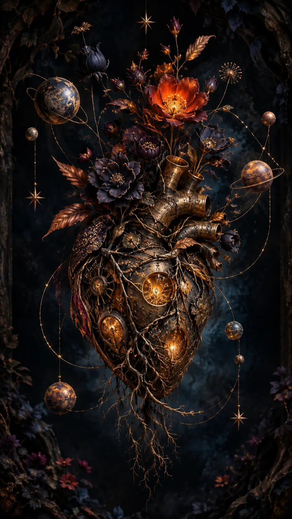 Sagrario surreal de corazón mecánico en una cámara floral oscura