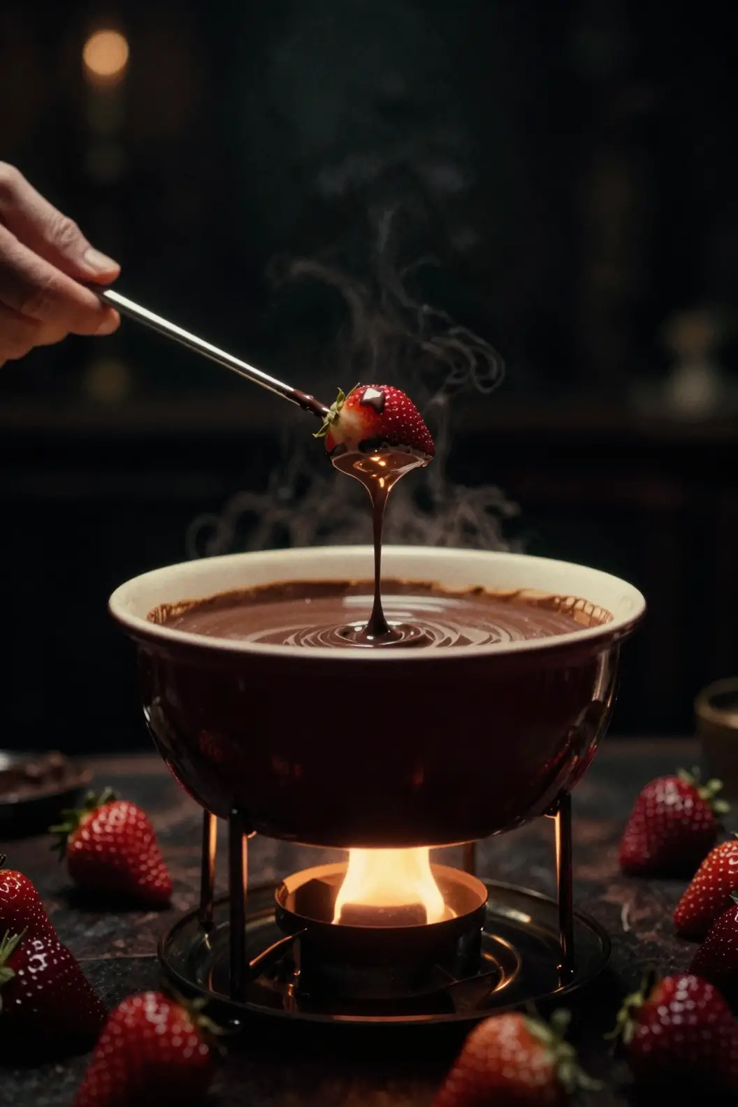 Gothic close up of chocolate fondue with strawberry