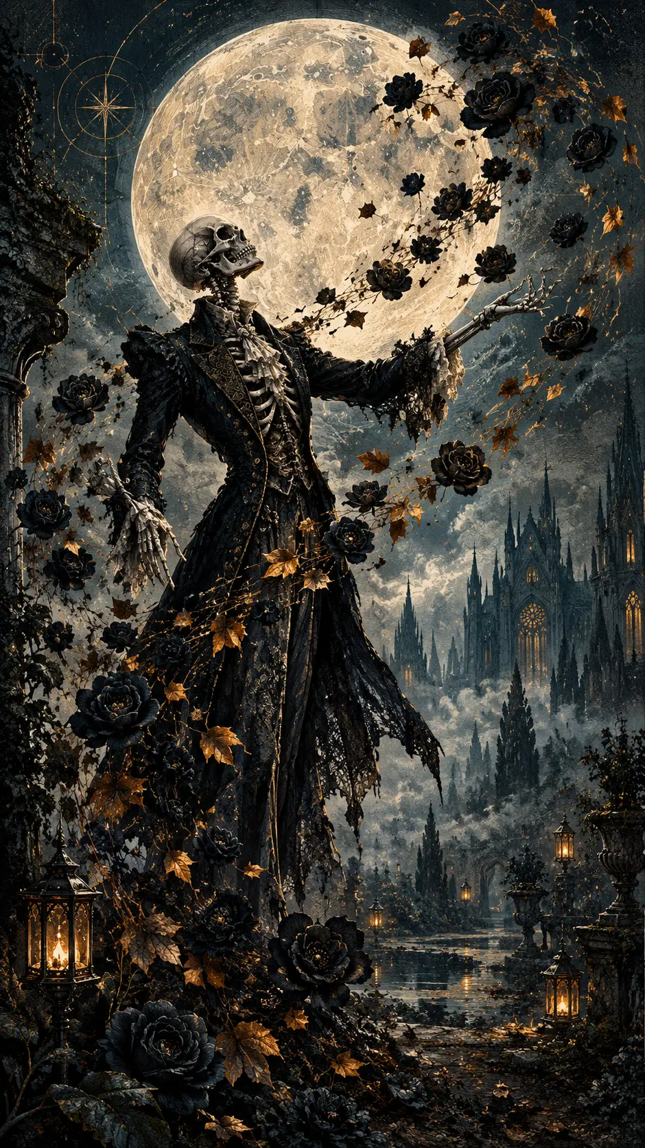 Graceful skeletal figure beneath a luminous moon in garden