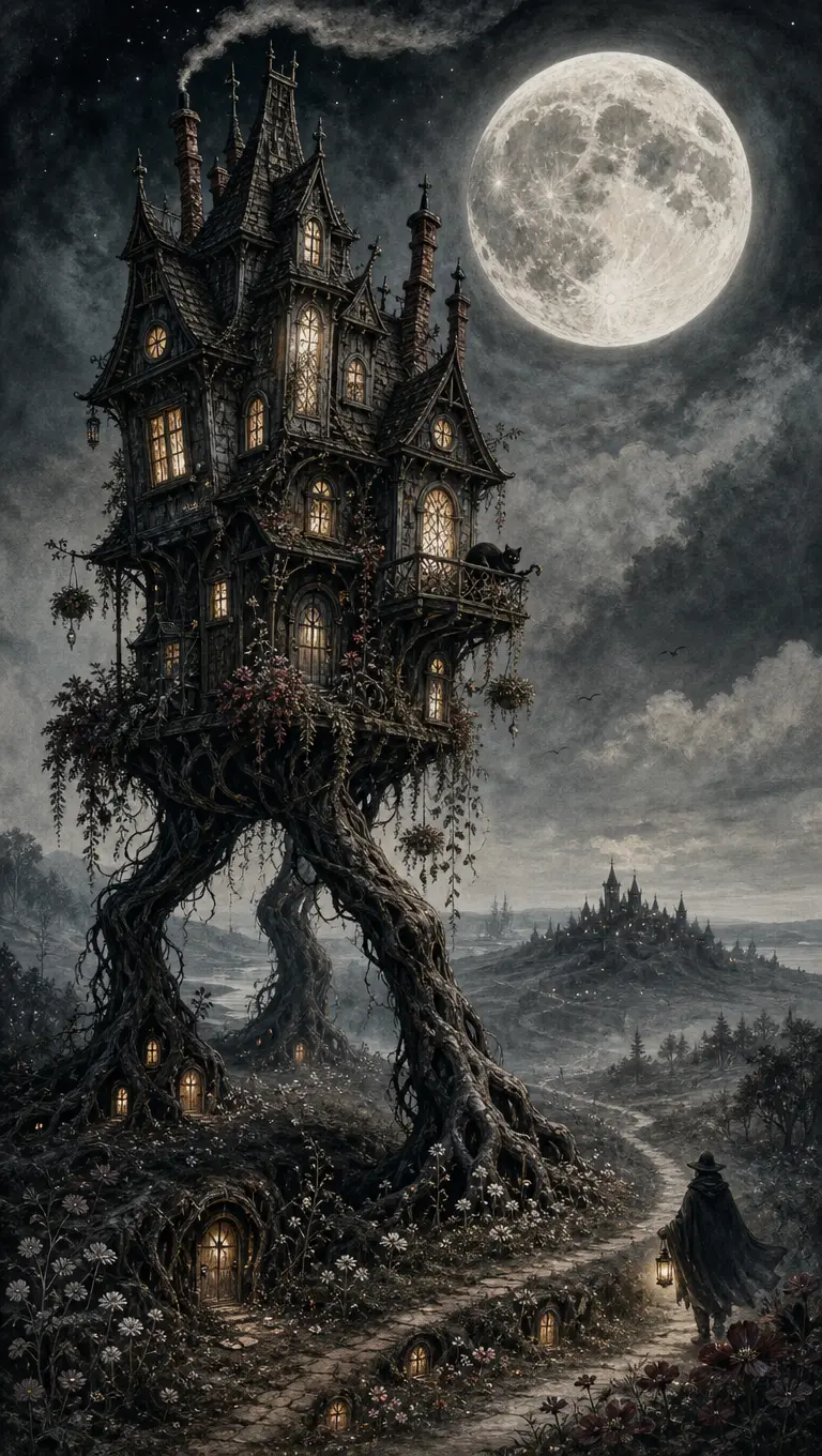 Casa gotica ambulante che attraversa un paesaggio nebbioso al chiaro di luna