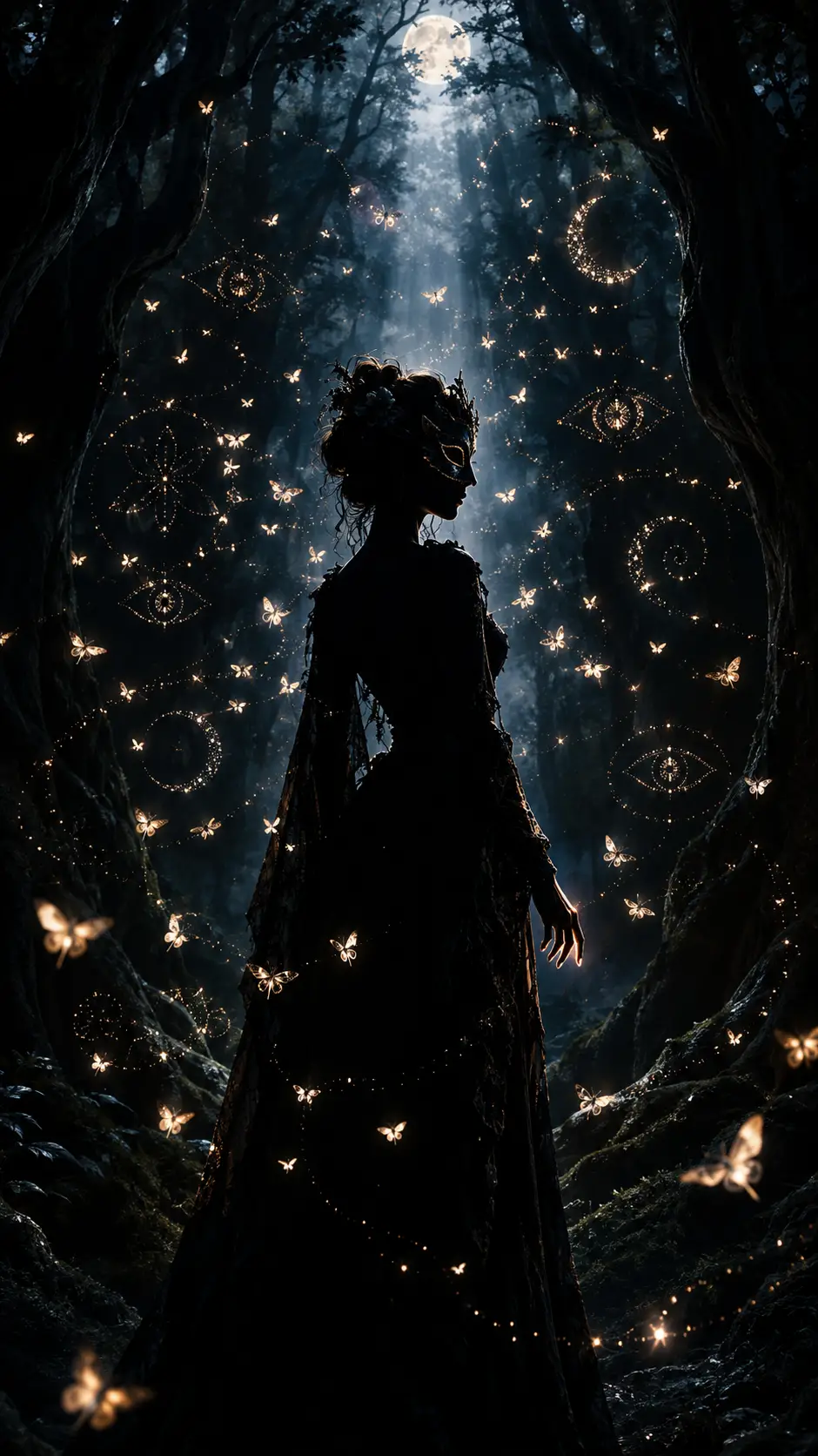 Masked woman silhouetted in moonlit forest with glowing moths