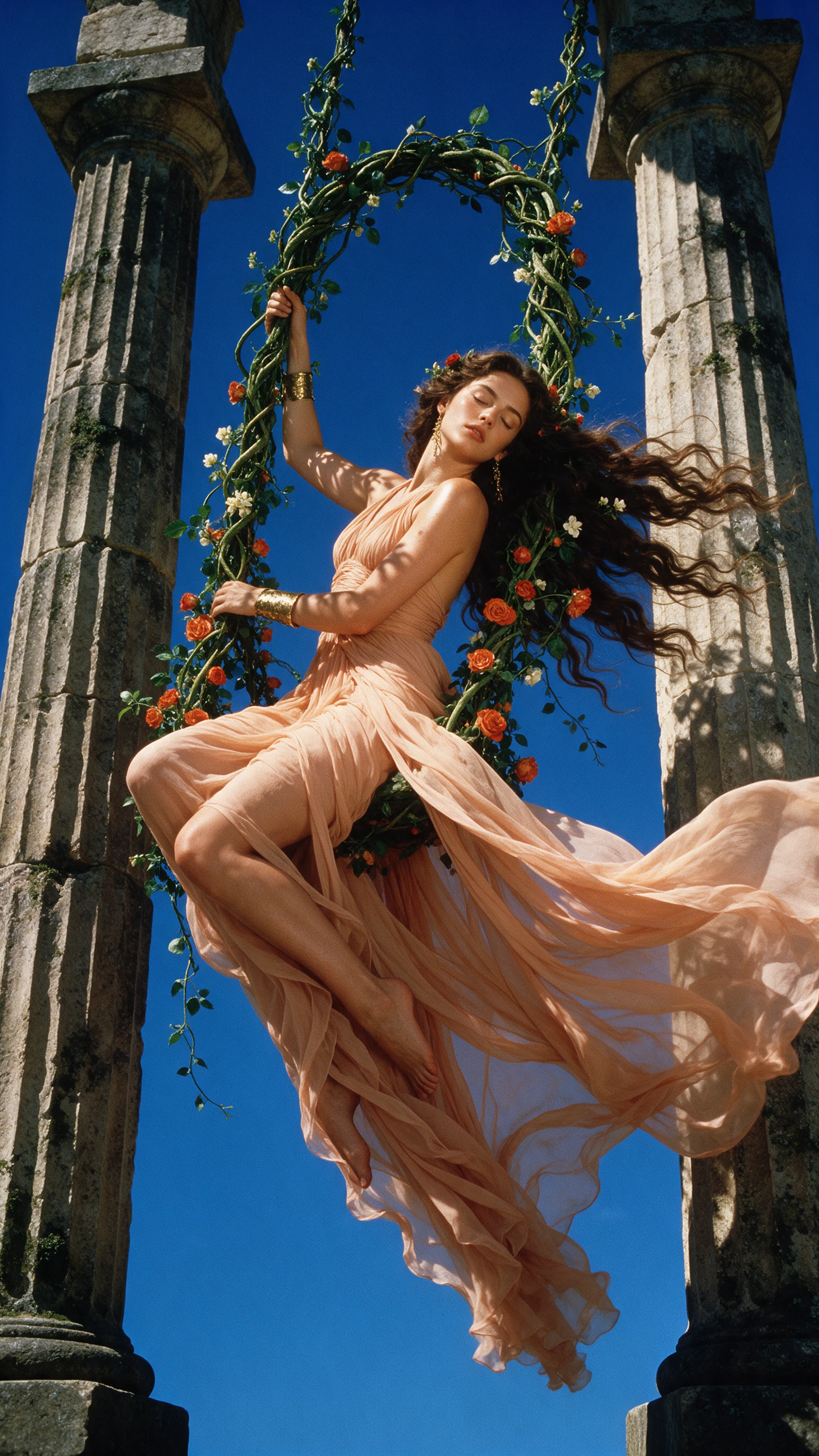 Woman on a floral swing beneath ancient stone columns