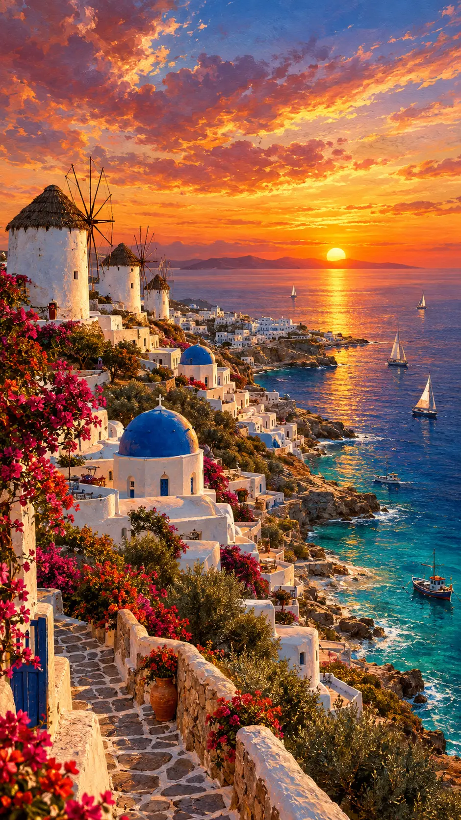 Sunset view of whitewashed Mykonos village above the sea