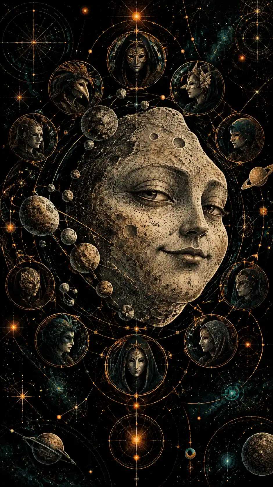 Rostro celestial surreal rodeado de fragmentos en órbita