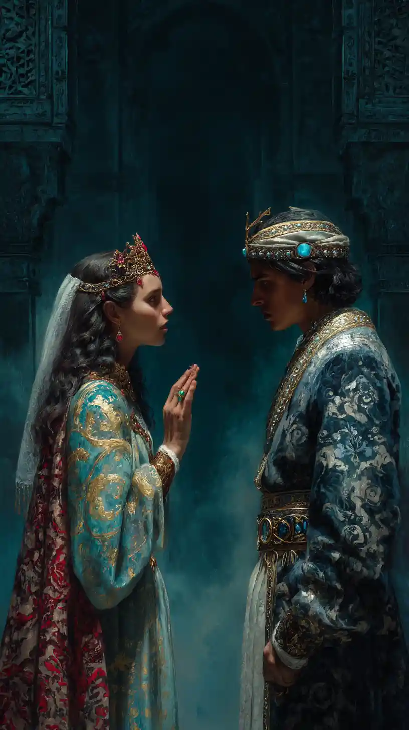Royal couple reaching toward each other in palace corridor