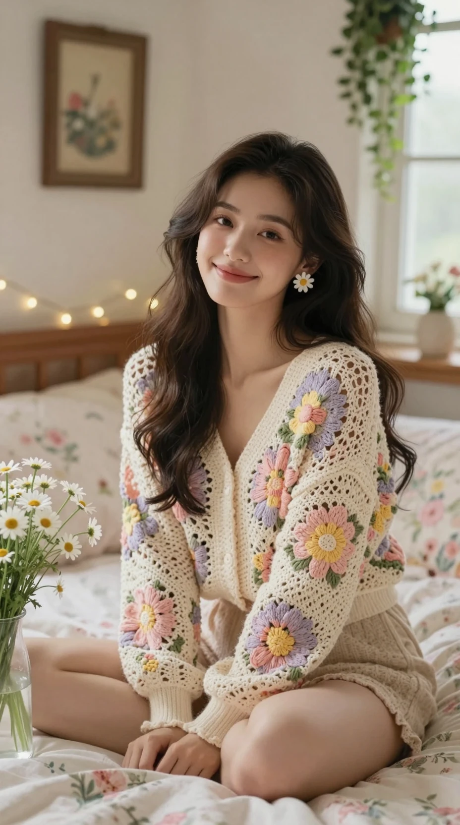Retrato de una mujer joven en un acogedor dormitorio floral