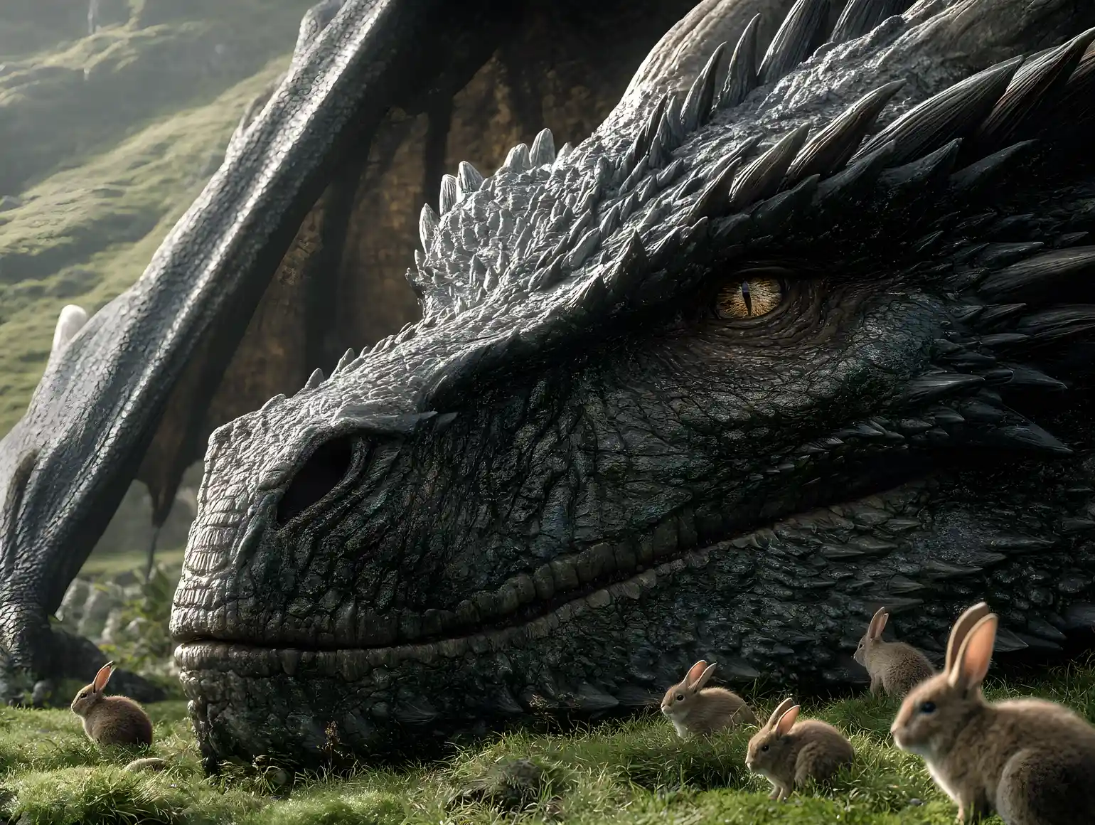 Ancient dragon face close to camera on green hillside