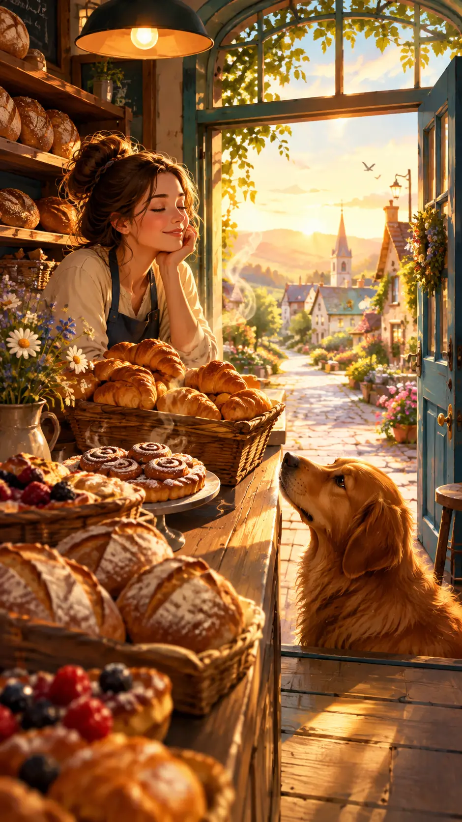 Cozy village bakery interior with vibrant digital illustration