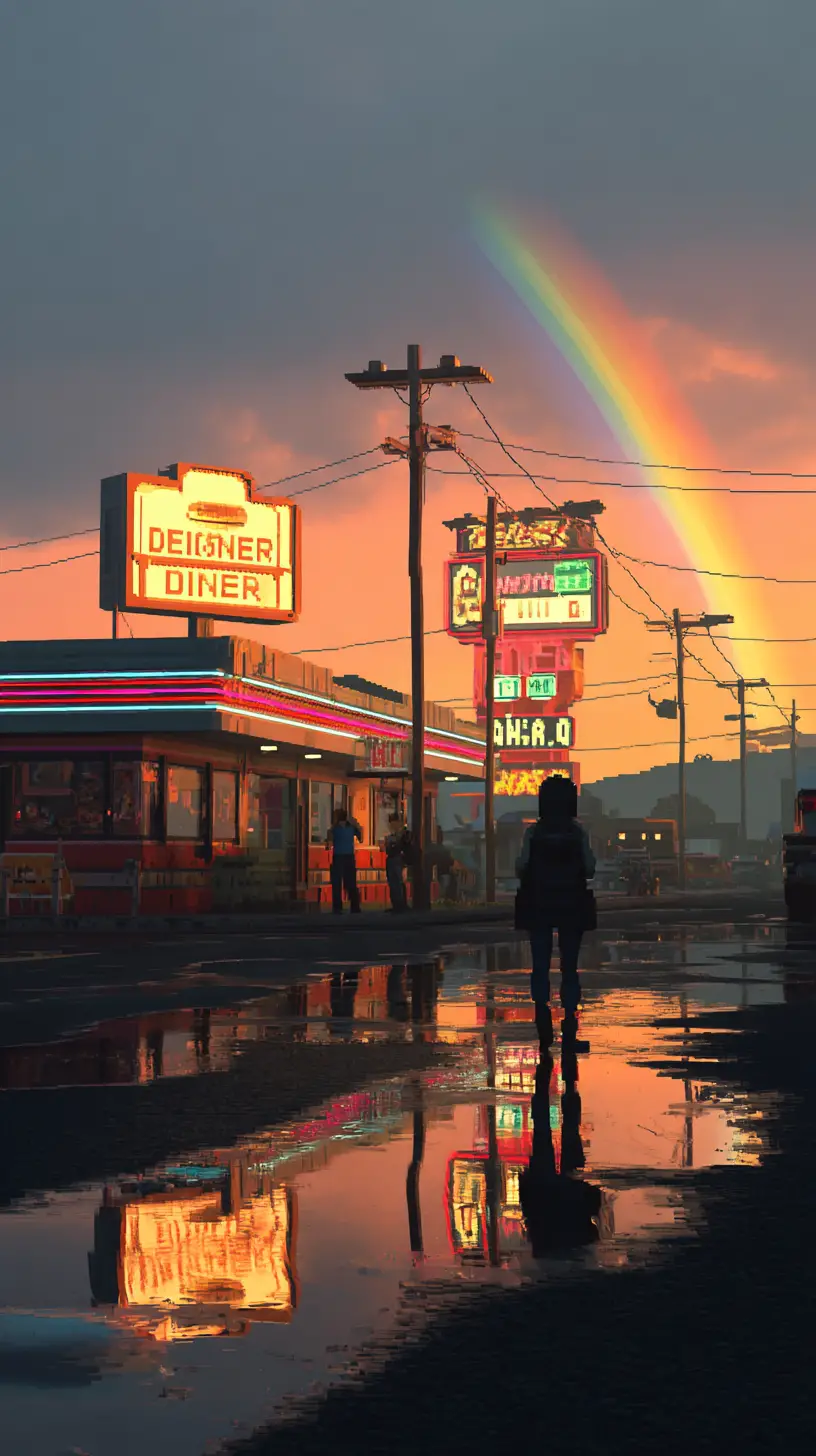 Neo retro pixel diner on a futuristic city street