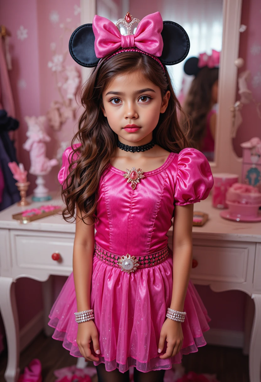 Pre-adolescente nervosa con trucco e abito da principessa ispirati a Minnie