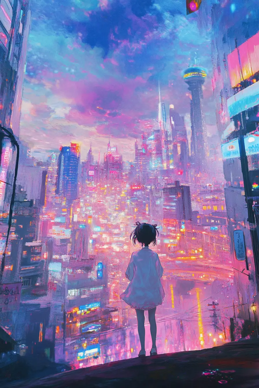 Whimsical anime surreal scene with pastel metallic shapes
